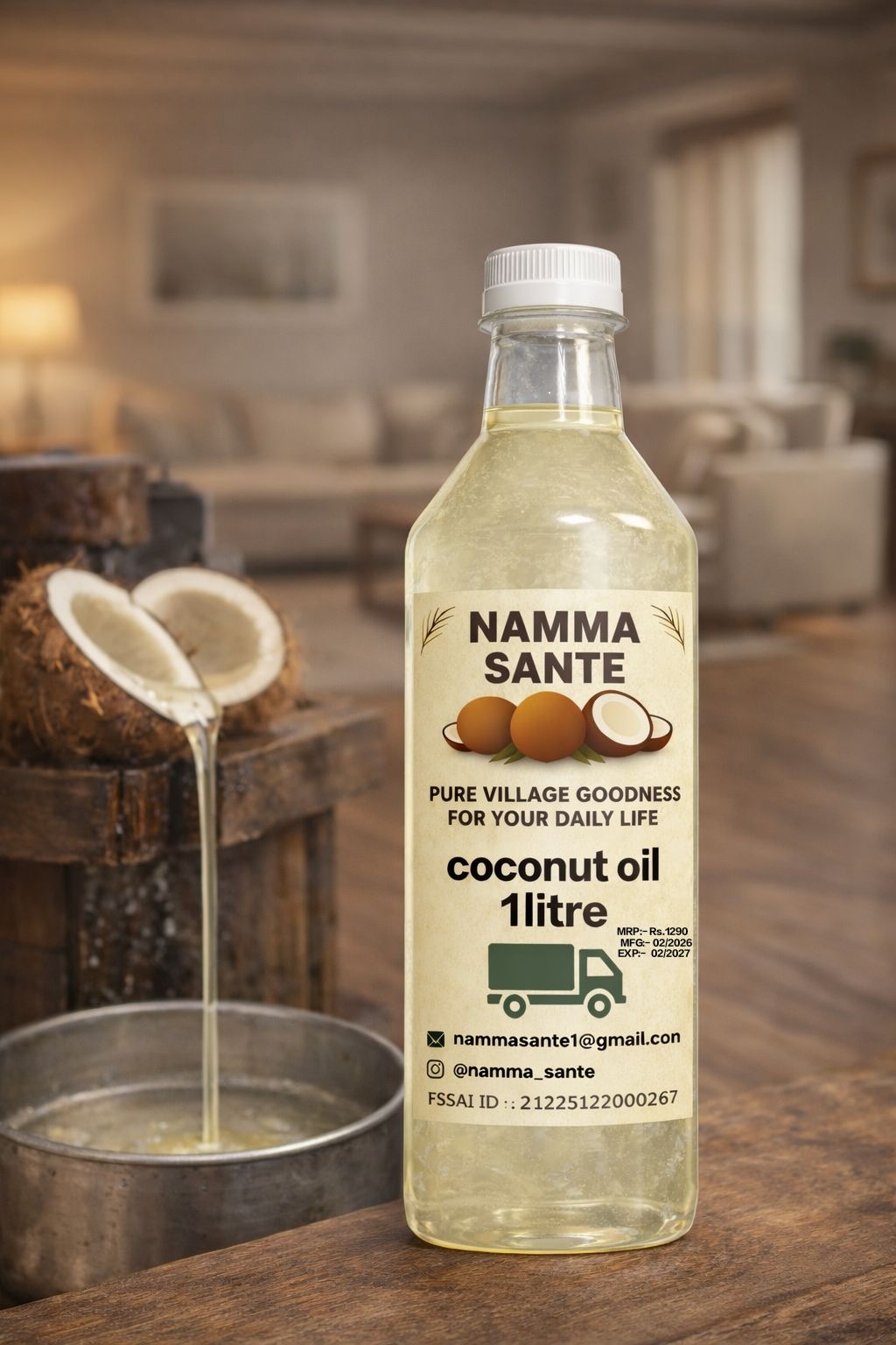 Coconut Oil, Nariyal Tel, Copra Oil, Virgin Coconut Oil, Cold Pressed Coconut Oil 1litre