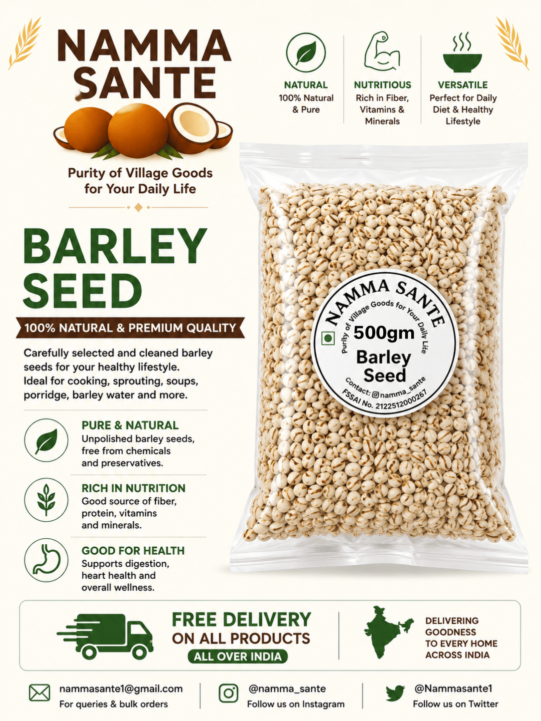 Barley Seed, Jau, Pearl Barley, Barley Grain, Jau Dana 500gm