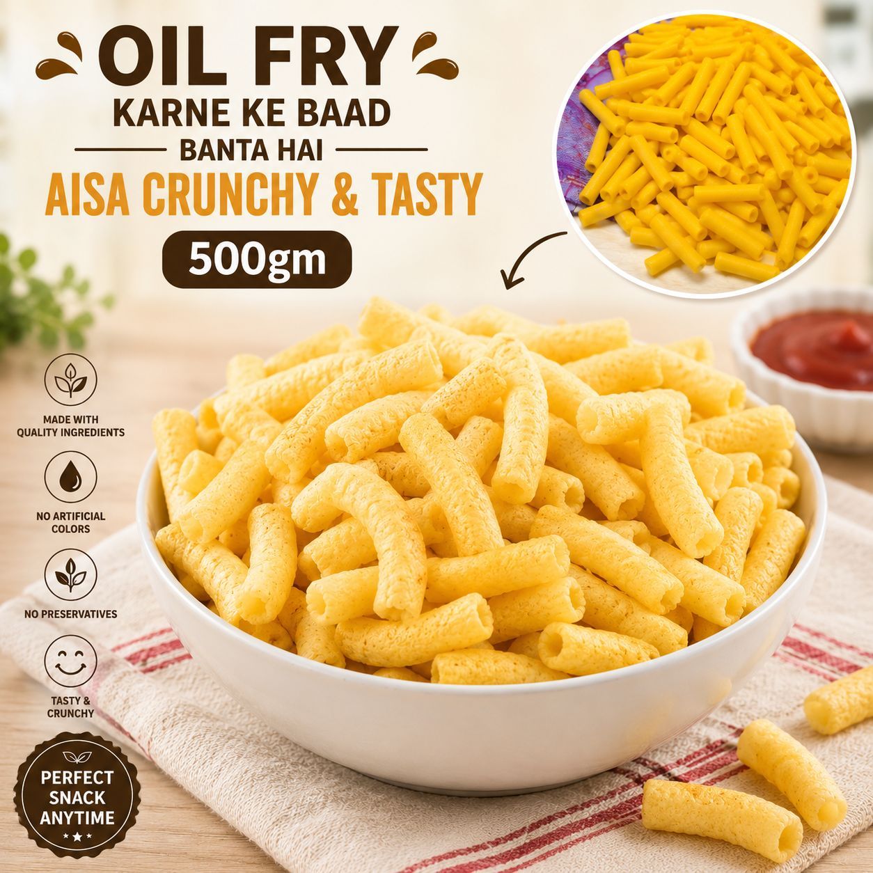 Corn Fryums Tube, Fryums Pipe, Tube Fryums, Corn Pipe Snacks, Ready To Fry Corn Tubes 500gm