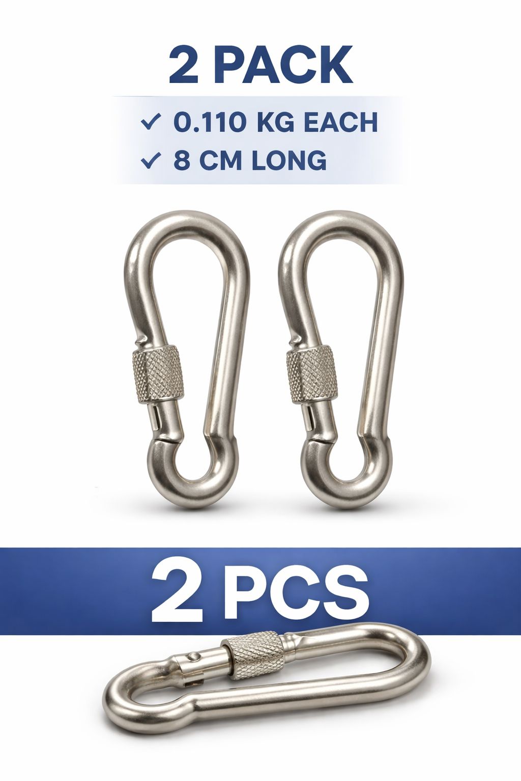 Carabiner Hook, Karabiner Clip, Locking Hook Clip, Keychain Clip Hook, Metal Spring Hook 110gm 2pieces