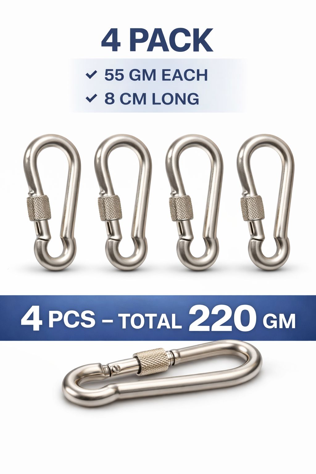 Carabiner Hook, Karabiner Clip, Locking Hook Clip, Keychain Clip Hook, Metal Spring Hook 110gm 4pieces