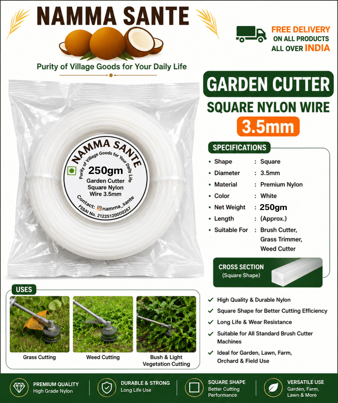Garden Cutter Square Nylon Wire 3.5mm 250gm
