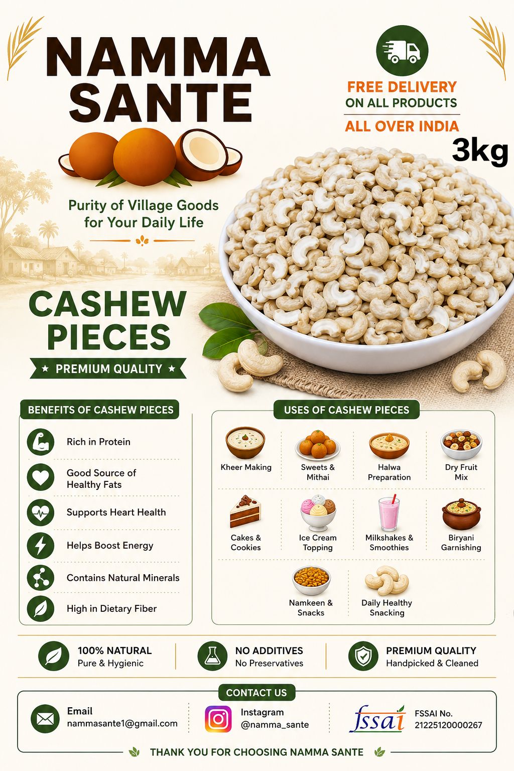 Cashew Pieces, Kaju Tukda, Broken Cashew Nuts, Cashew Bits, Kaju Pieces 3kg