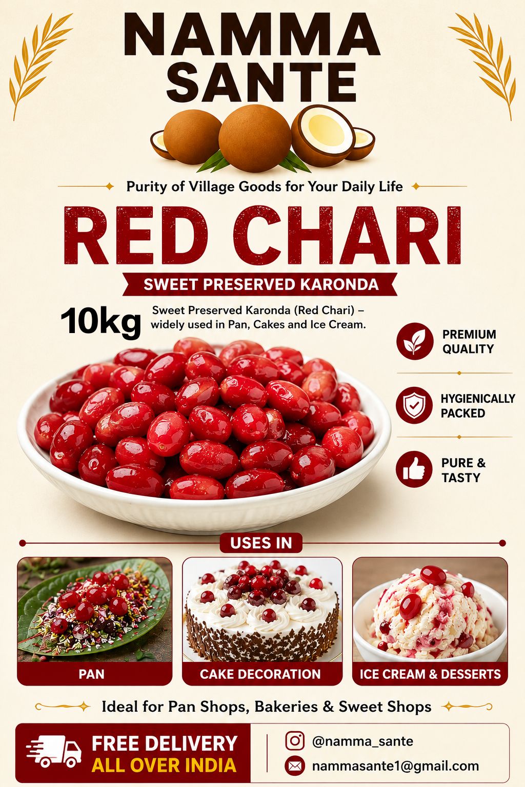 Red Chari, Preserved Karonda, Sweet Karonda, Cherry Chari, Candied Karonda 10kg