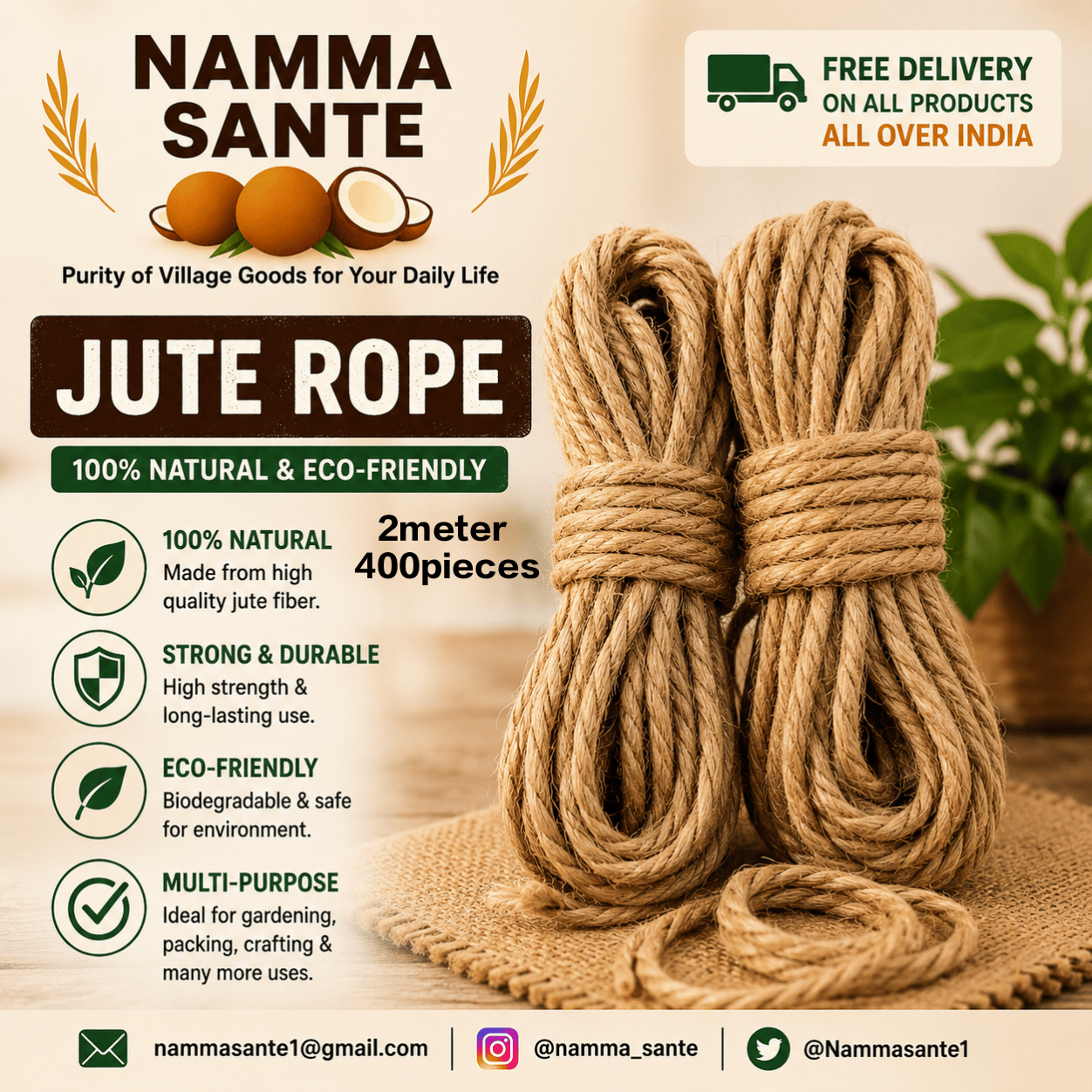 Jute Rope, Natural Jute Rope, Multipurpose Jute Rope, Twisted Jute Rope, Eco-Friendly Jute Rope 2meter 400pieces 6kg