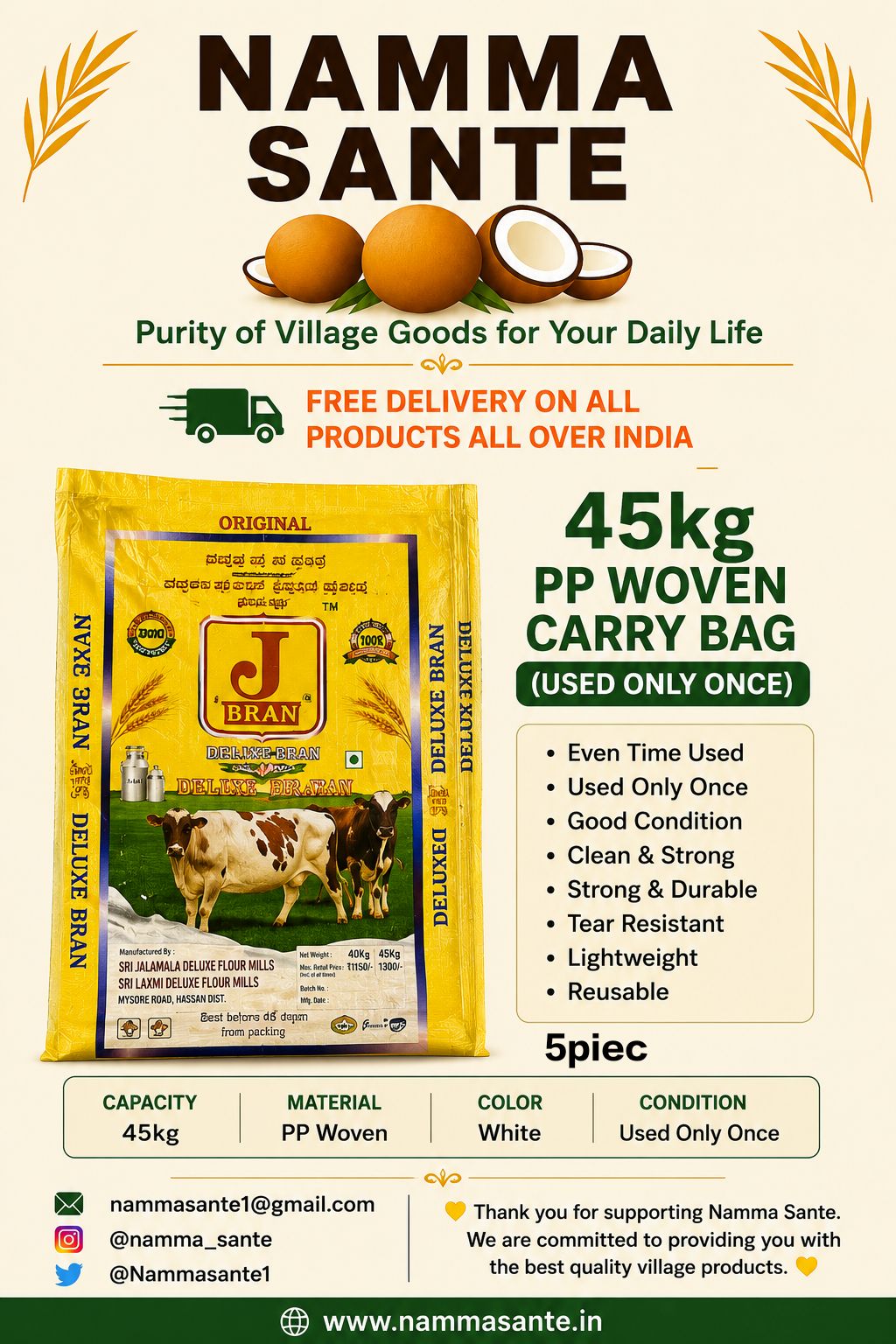 45kg PP Woven Carry Bag (Used Only Once), PP Woven Sack, Polypropylene Woven Bag, Plastic Woven Packaging Bag, Heavy Duty Storage Bag 5piec 