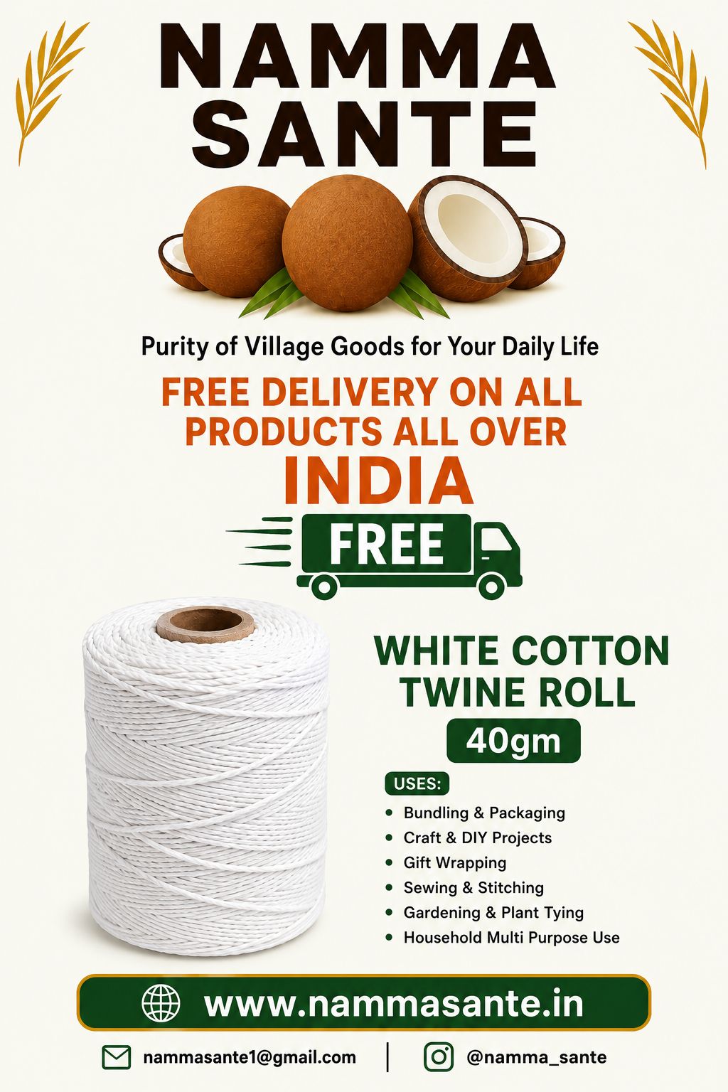 White Cotton Twine Roll 40gm, White Cotton Twisted Thread Roll 40gm, White Cotton Cord Roll 40gm, White Cotton Packing Twine 40gm, White Cotton Utility Twine 40gm