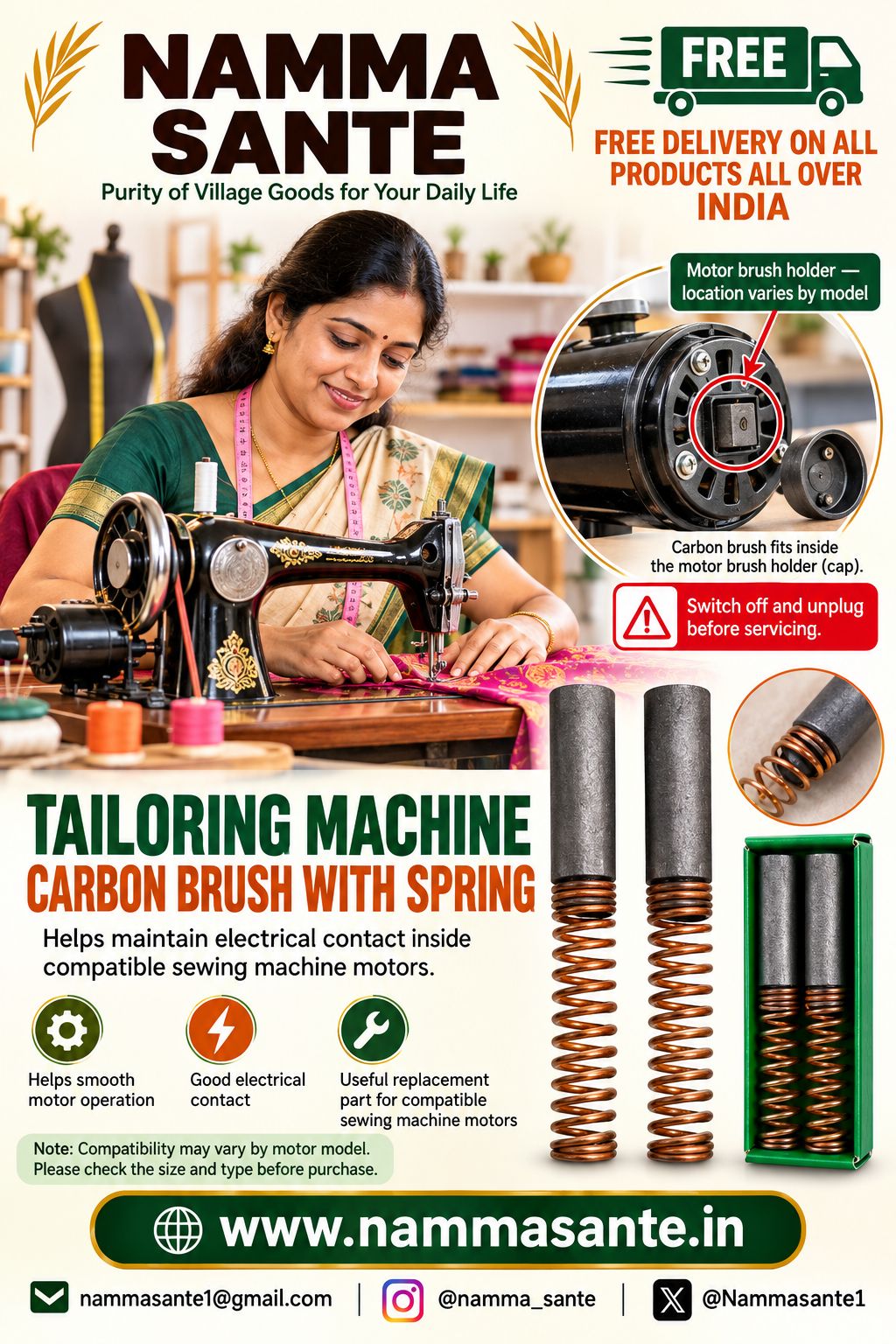 Tailoring Machine Carbon Brush with Spring | Sewing Machine Motor Carbon Brush 