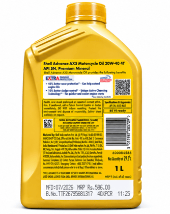 Shell Advance AX5 20W-40 4T Premium Mineral Motorcycle Oil 1L