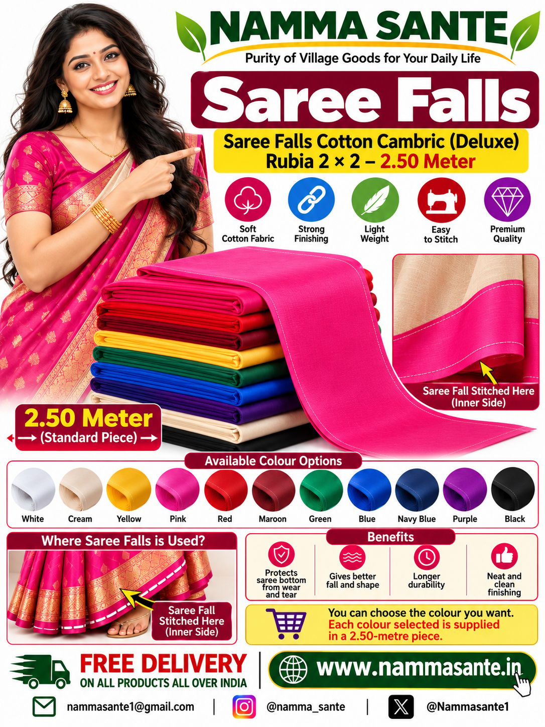 Saree Falls Cotton Cambric(Deluxe) Rubia2×2 2.50Meter Colour Code 501 to 599