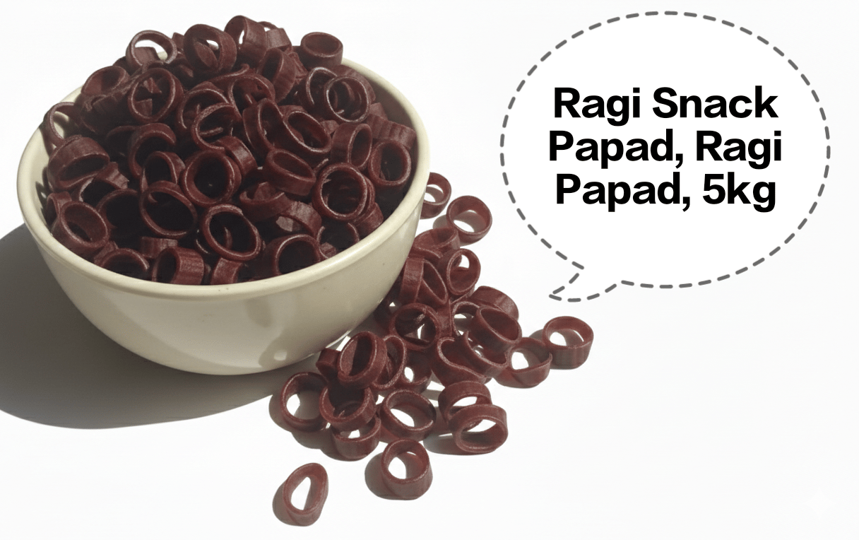 Ragi Snack Papad, Ragi Papad, Finger Millet Papad, Ragi Fryums, Millet Rings Papad 5kg