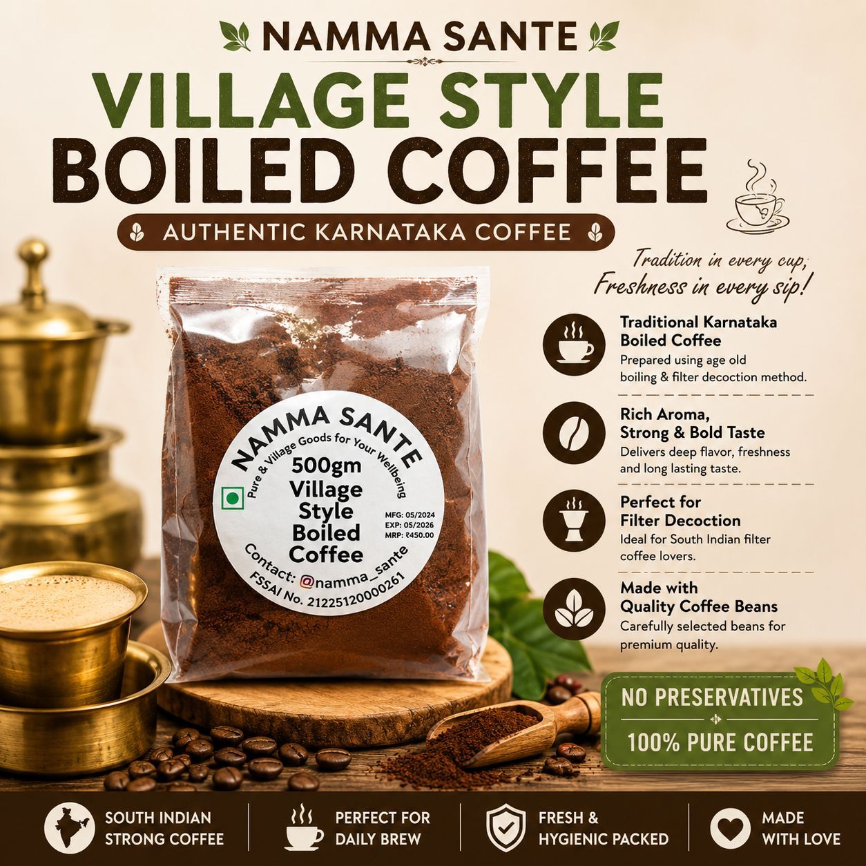 Village Style Boiled Coffee, Karnataka Village Coffee Powder, Traditional Boiled Coffee Powder, South Indian Strong Coffee Powder, Authentic Filter Decoction Coffee 500gm