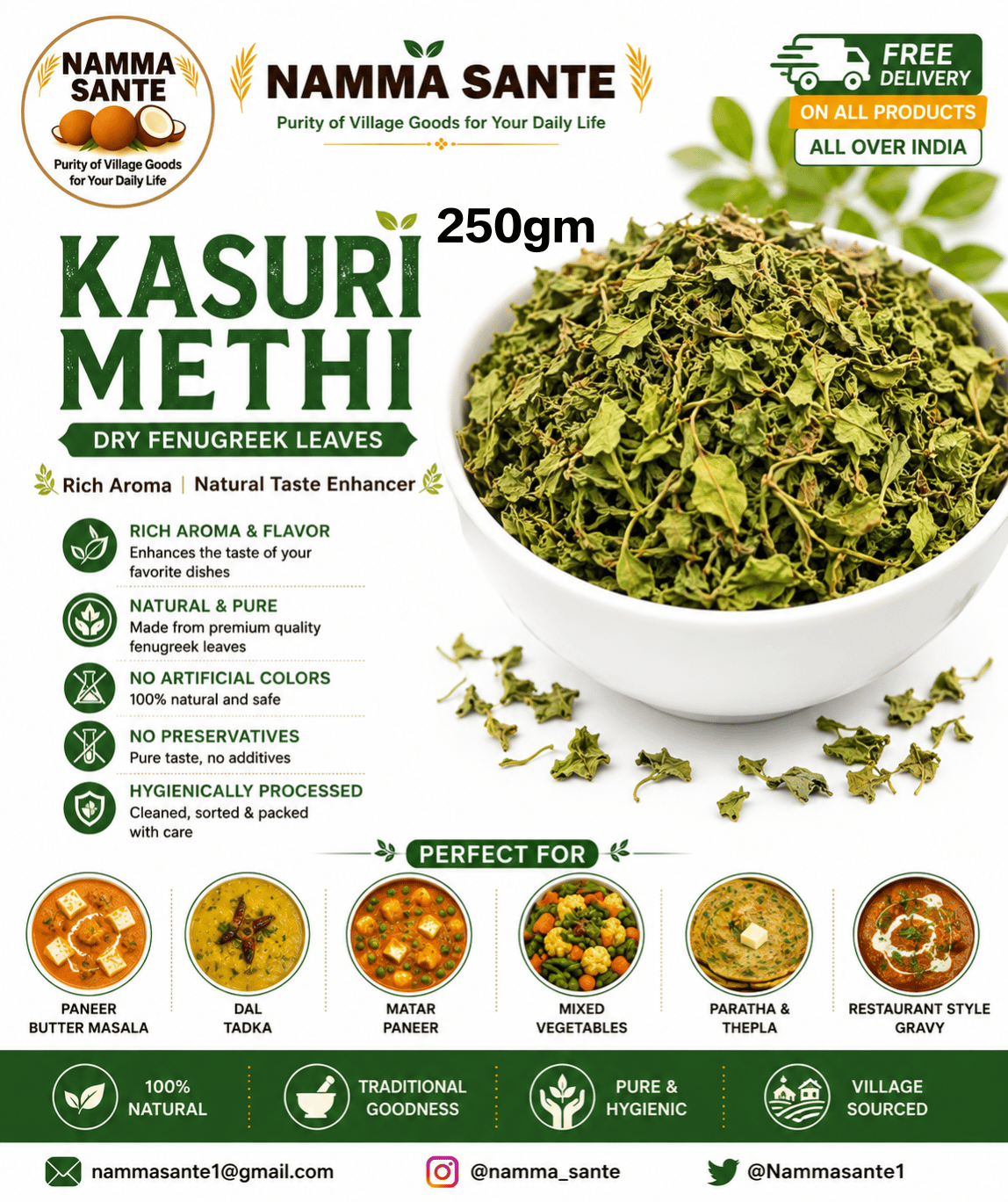 Kasuri Methi, Dry Fenugreek Leaves, Dried Methi Leaves, Kasoori Methi, Methi Flakes 250gm