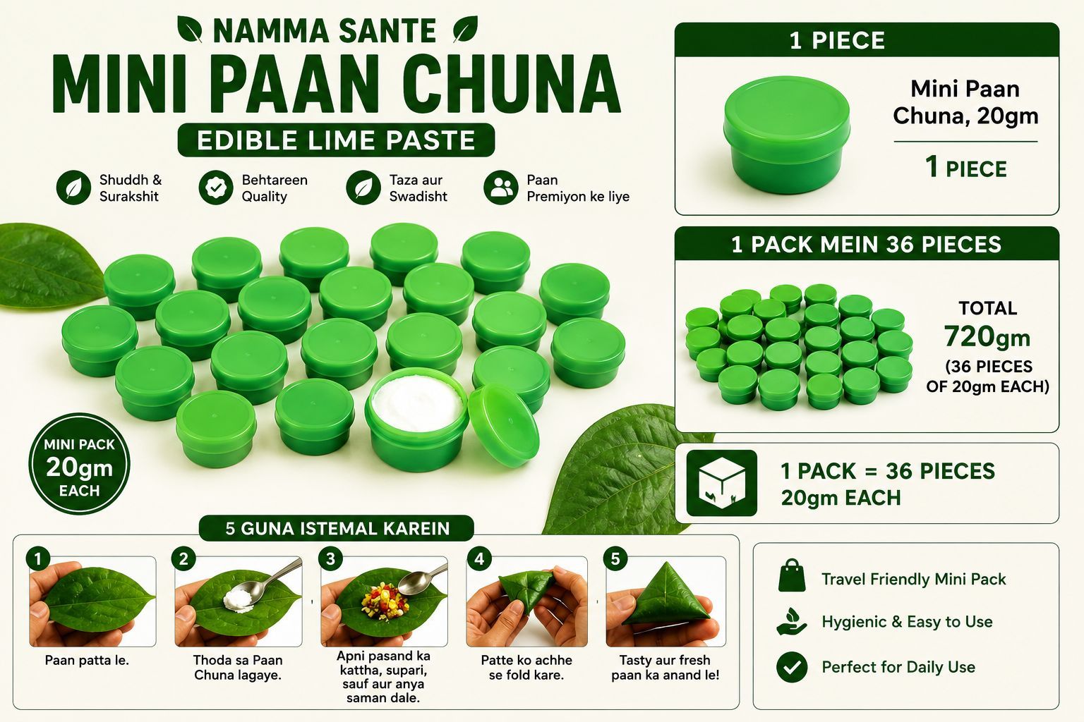 Mini Paan Chuna, Slaked Lime Paste Mini Pack, Edible Lime for Paan Small Pack, Calcium Hydroxide Paste Mini, Kattha Chuna Mix Small Container 20gm 36pieces