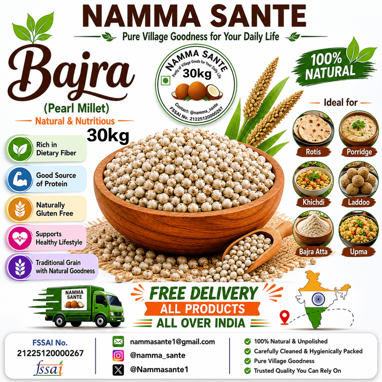 Bajra, Pearl Millet, Bajri, Sajje, Kambu 30kg