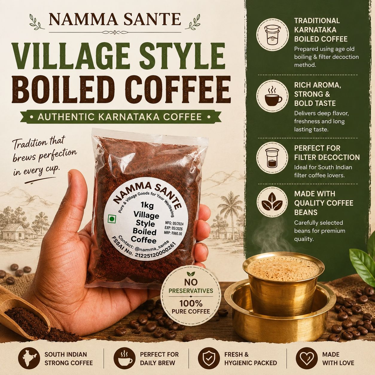 Village Style Boiled Coffee, Karnataka Village Coffee Powder, Traditional Boiled Coffee Powder, South Indian Strong Coffee Powder, Authentic Filter Decoction Coffee 1kg
