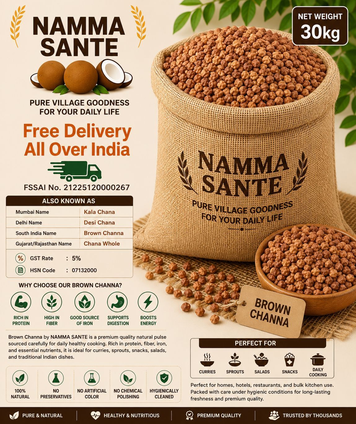 Brown Channa, Kala Chana, Desi Chana, Black Chickpeas, Bengal Gram 30kg