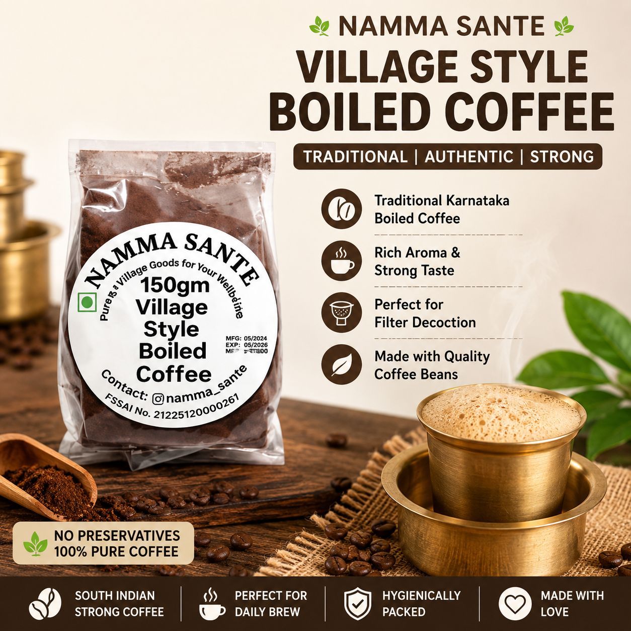 Village Style Boiled Coffee, Karnataka Village Coffee Powder, Traditional Boiled Coffee Powder, South Indian Strong Coffee Powder, Authentic Filter Decoction Coffee 150gm