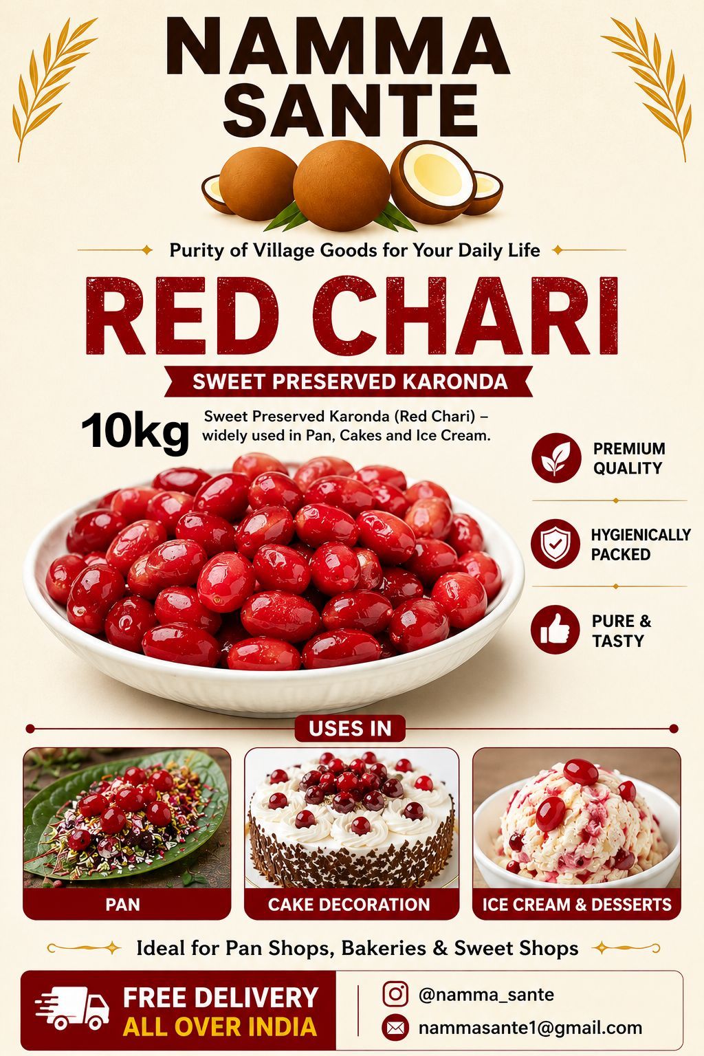 Red Chari, Preserved Karonda, Sweet Karonda, Cherry Chari, Candied Karonda 10kg